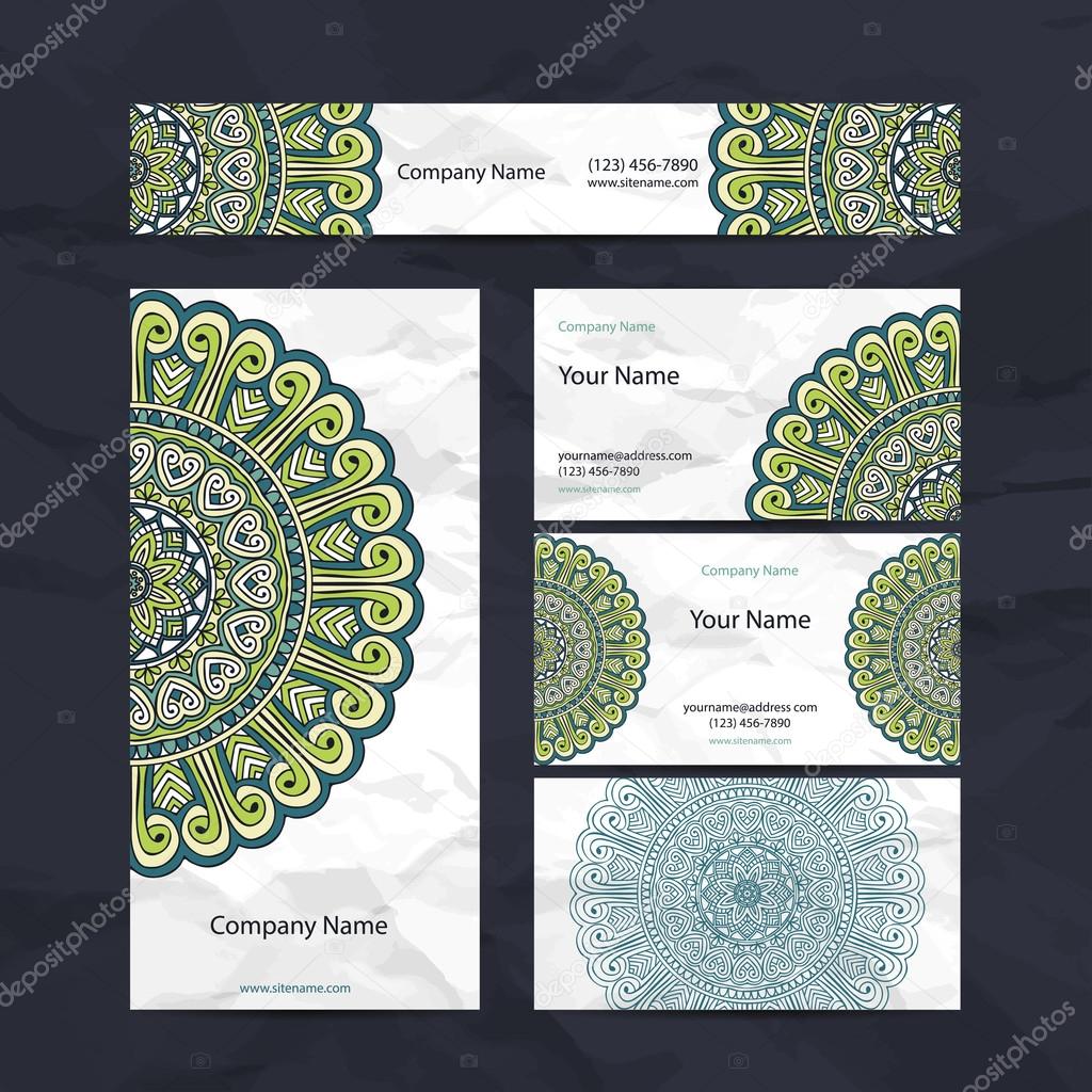 Set retro business card. Vector background. Card or invitation. Vintage decorative elements. Hand drawn background. Islam, Arabic, Indian, ottoman motifs.