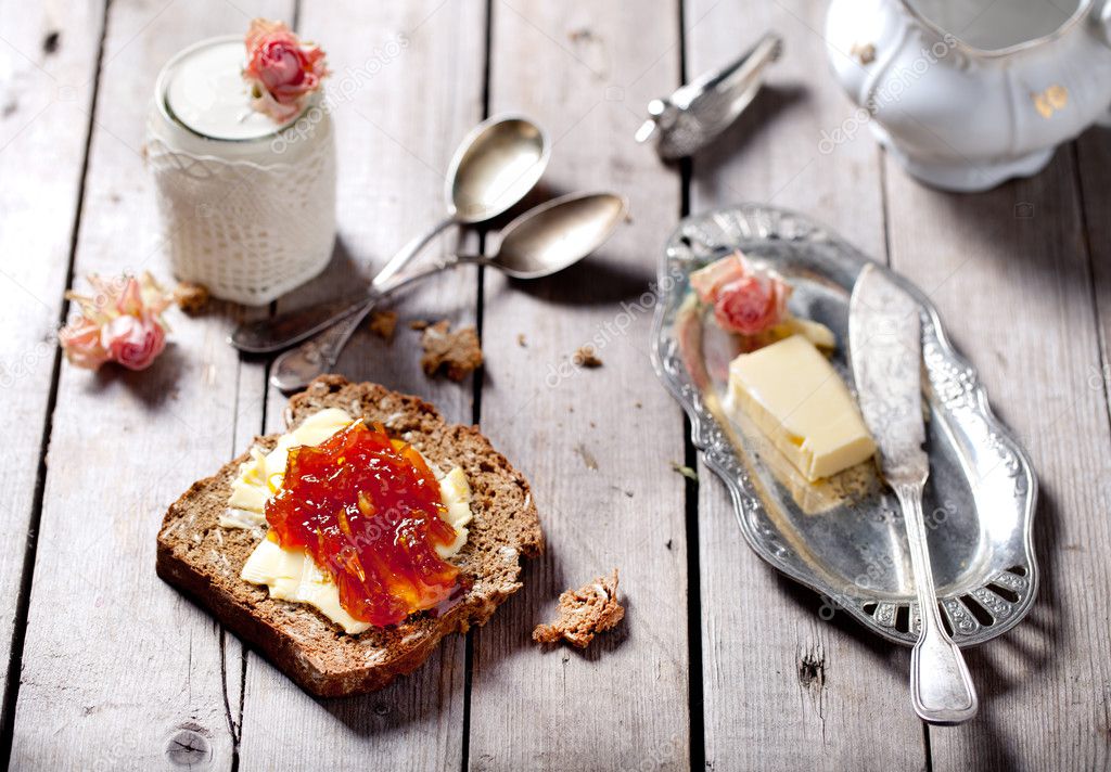 Bread With Butter Jam And Yogurt Stock Photo By C Anna Pustynnikova