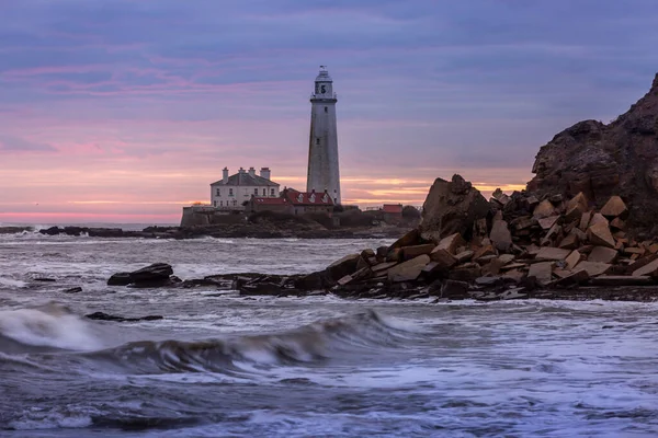 Espectacular Amanecer Mary Lighthouse Whitley Bay Noreste Inglaterra Mientras Cielo — Foto de Stock