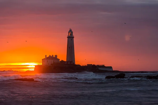 İngiltere 'nin kuzeydoğusundaki Whitley Körfezi' ndeki St. Mary Deniz Feneri 'nde muhteşem bir gün doğumu. Gökyüzü renk içinde patlıyor.