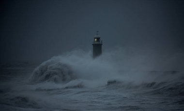 Fırtına rüzgarları, İngiltere 'nin Tynemouth şehrinde Tyne' nin ağzını koruyan deniz fenerine ve kuzey iskelesine dev dalgalar gönderir.