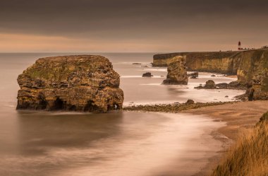 The view along Marsden Bay near Sunderland, of the cliffs and the Sandstone Sea stacks, as the tide comes in clipart
