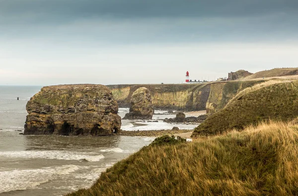 Vista Largo Bahía Marsden Cerca Sunderland Los Acantilados Las Pilas — Foto de Stock