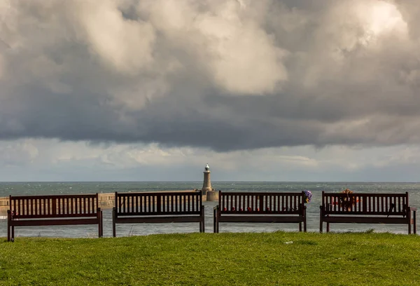 Cztery Puste Drewniane Ławki Widokiem Morze Przy Północnym Pomoście Ujścia — Zdjęcie stockowe