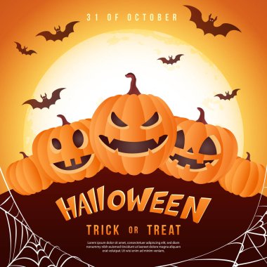 Cadılar Bayramın kutlu olsun Korkunç Jack Fener Örümcek Ağı ve dolunay arkaplanlı yarasa