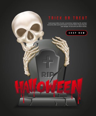 Cadılar Bayramın kutlu olsun 3 boyutlu gerçekçi iskelet el ve mezar taşı