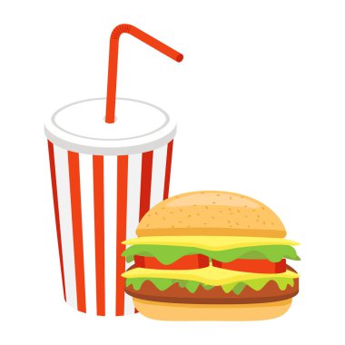 Fast food set hamburger ve meşrubat çizgi film vektörü izole nesne