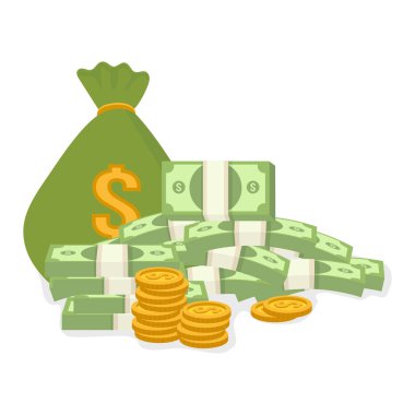 kağıt para yığınları ve altın sikke vektör izole nesne