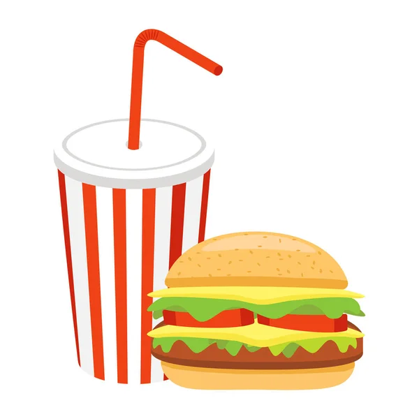 Fast Food Set Χάμπουργκερ Και Αναψυκτικά Κινουμένων Σχεδίων Διάνυσμα Απομονωμένο — Διανυσματικό Αρχείο