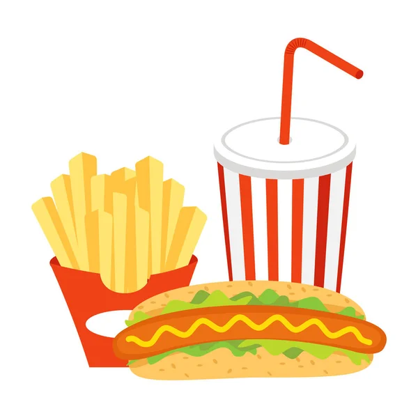 Fast Food Set Hot Dog Frietjes Frisdrank Cartoon Vector Geïsoleerd — Stockvector