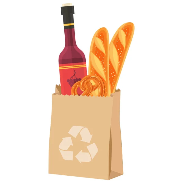 Recycler Sac Papier Avec Pain Vin Rouge Dessin Animé Vecteur — Image vectorielle