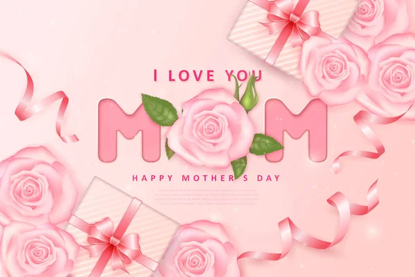 幸せな母の日の女の子のピンクのバラの花とプレゼントギフトボックス付きリボン花 — ストックベクタ