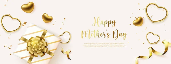 Happy Mother Day Gouden Liefde Hart Cadeau Doos Met Lint — Stockvector