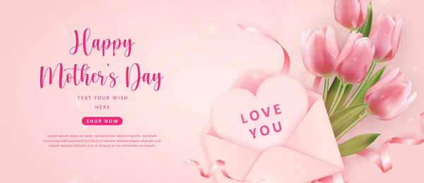 Happy Mother Day Botanische Tuin Roze Tulp Bloem Envelop Liefde — Stockvector