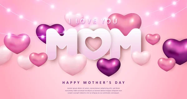 幸せなお母さんの日3Dパープルピンク愛ハートリボンとストリップライト — ストックベクタ
