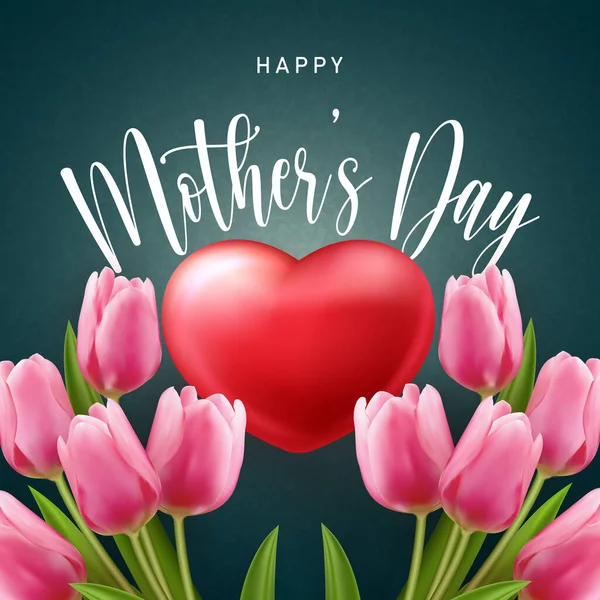 Happy Mother Day Rotes Liebesherz Und Rosa Tulpenblume — Stockvektor