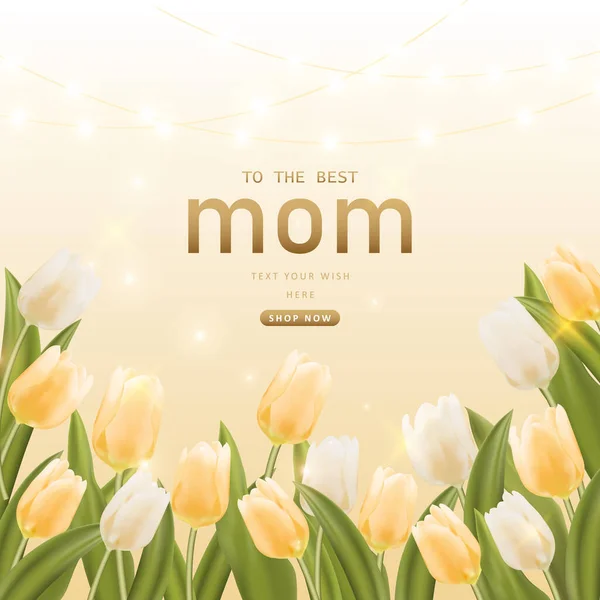 Happy Mother Day Botanischer Garten Gelb Und Weiß Tulpenblume Mit — Stockvektor