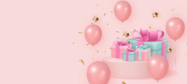 Şirin 3 boyutlu pembe balon hediye kutusu altın yıldız kurdelesi.