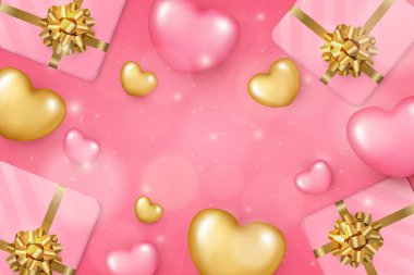 Şirin pembe altın bir kalp hediye kutusu, kurdele çiçekli.