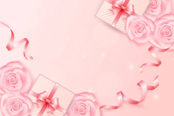 Lányos Rózsaszín Rózsa Virág Ajándék Doboz Szalaggal Virág — Stock Fotó