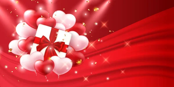 Czerwony Różowy Miłość Serce Balon Prezent Pudełko Czerwoną Wstążką — Zdjęcie stockowe
