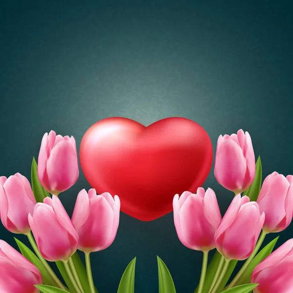 Rotes Liebesherz Und Rosa Tulpenblume — Stockfoto