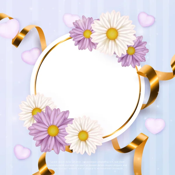 Roxo Branco Margarida Flor Amor Coração Fita Espiral Dourada — Fotografia de Stock