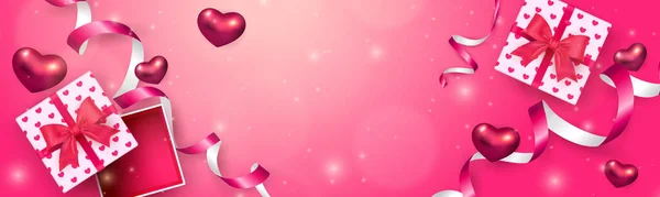 Present Gift Box Pink Red Ribbon Flower Love Heart Bokeh — Stock Photo, Image