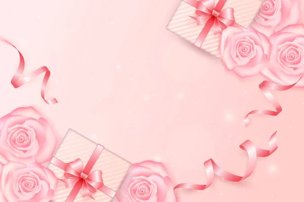 Girlish Pink Rose Flower Present Gift Box Ribbon Flower — Stock Photo, Image