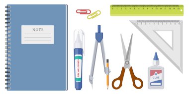 Collection set of school stationery note book scissors ruler glue paper clip and pencil compass