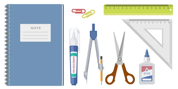 Collection Set School Stationery Note Book Scissors Ruler Glue Paper — Vector de stock