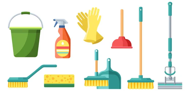 Collection Set Cleaning Supplies Mop Broom Bucket Rubber Gloves Plunger — Image vectorielle