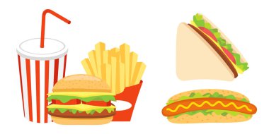 Collection set of fast food object hot dog sandwich soft drink hamburger french fries