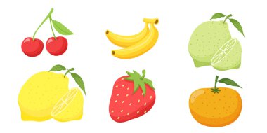 Collection set of food fruit banana lemon orange strawberry cherry