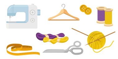 Collection set of sewing kit sewing machine scissors wool thread coat hanger measurement tape button 