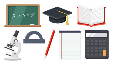 Collection set of school study object blackboard calculator note book paper pencil microscope ruler bachelor cap