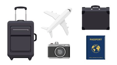 Collection set of travel object luggage airplane camera passport suitcase