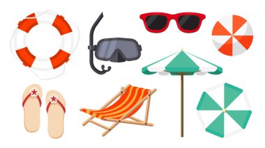 Collection set of summer vacation object umbrella reclining beach chair sunglass scuba mask flip flops rubber ring 