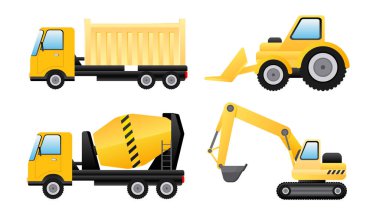 Collection set of industrial construction transportation cement mixer truck excavator