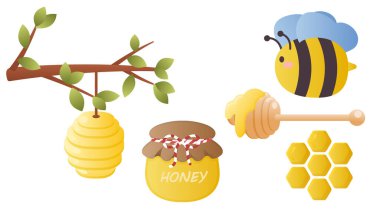 Collection set of cartoon cute honey object bee honeycomb tree branch honey beehive
