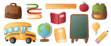 Collection set of back to school objects bus globe backpack book ruler pencil blackboard