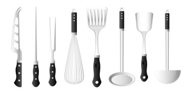 Collection set of kitchenware utensils knife filter spoon fork egg beater roast stick spatula