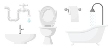 Collection set of bathroom objects bathtub toilet faucet tissue roll basin