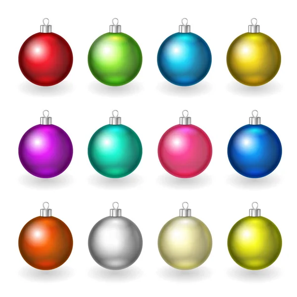 Vrolijk Kerstfeest Kleurrijke Realistische Decoratie Bal Bauble Ornamenten Set — Stockvector
