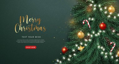 Mutlu noel kompozisyonu 3D gerçekçi çam ağacı kozalağı şeker kamışı süslemesi değerli top yıldızı süslemeleri ve zincir ışığı