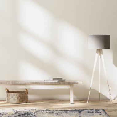 Modern yaşam alanları, güneş ışınları olan parlak odalar, duvar modelleri, 3D görüntüleme.