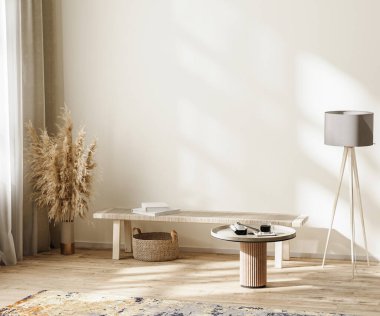 İskandinav minimalist odasının içi tarafsız renklerde mobilya, boş duvar modeli, 3 boyutlu illüstrasyon