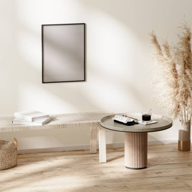 İskandinav minimalist odasının iç dekorasyonu mobilyalarla renksiz, 3D illüstrasyon