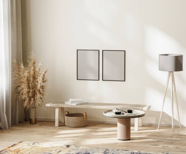 poster çerçeveleri İskandinav minimalist oda modelleri tarafsız renklerde mobilyalar, 3D illüstrasyon