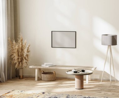 İskandinav minimalist odasının iç dekorasyonu tarafsız renklerde mobilya, 3D illüstrasyon